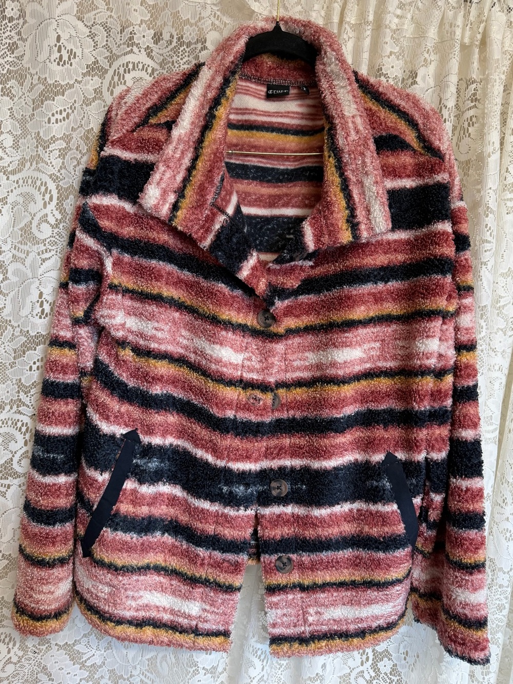 Cruel Denim Pink Multicolor Striped Fleece Button Jacket